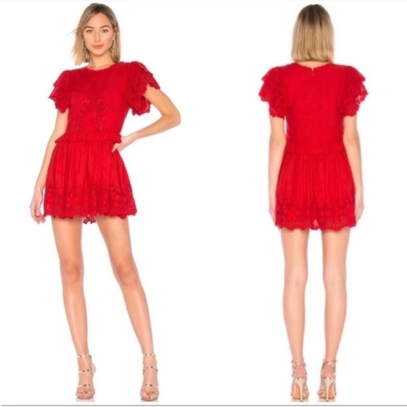 Tularosa Paula Lace Embroidered Ruffle Mini Dress Red - Picture 5 of 7